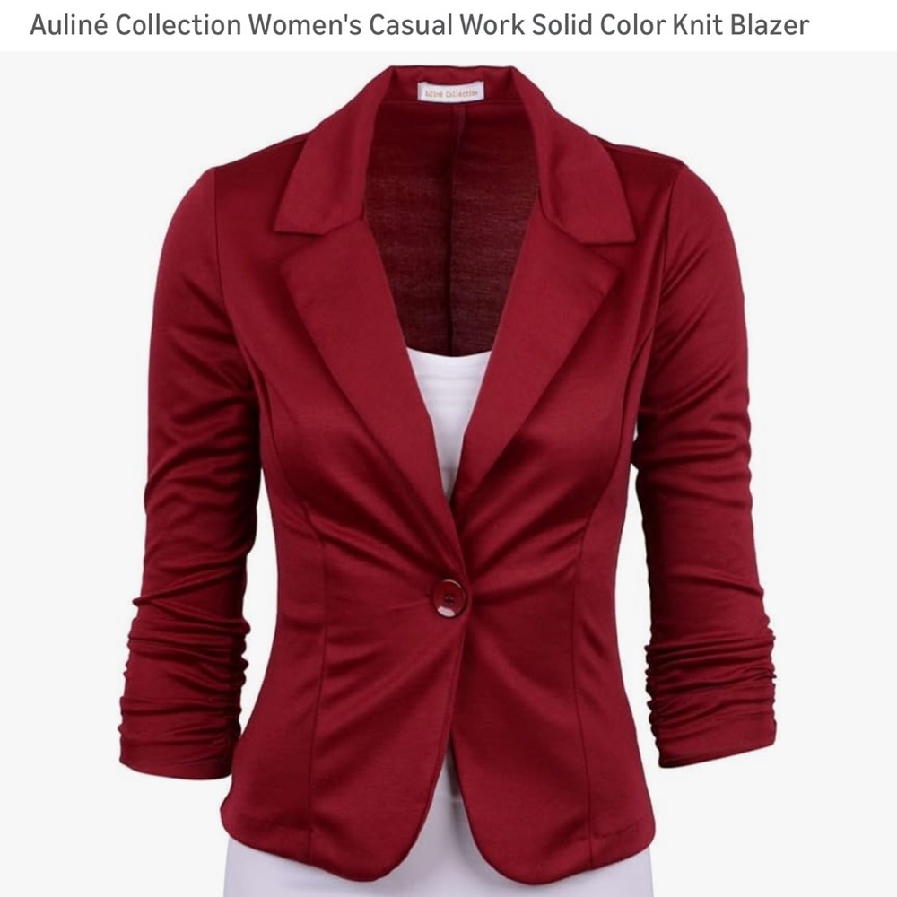 Deep Red / Burgundy Women's Blazer Stretch Fabric 3/4 Sleeves Button Front